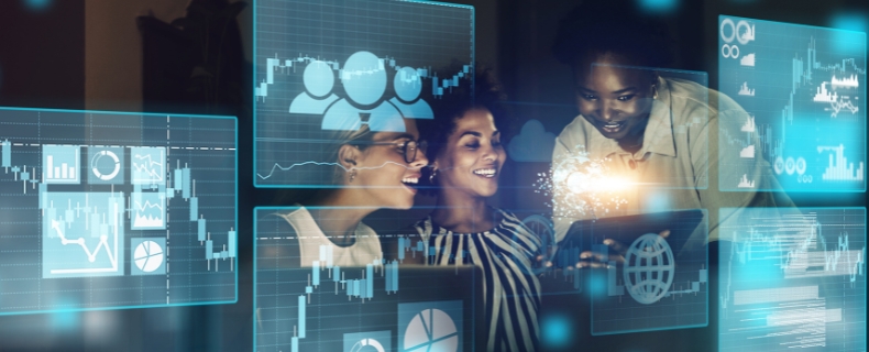 Business professionals collaborating on digital data and futuristic analytics dashboards
