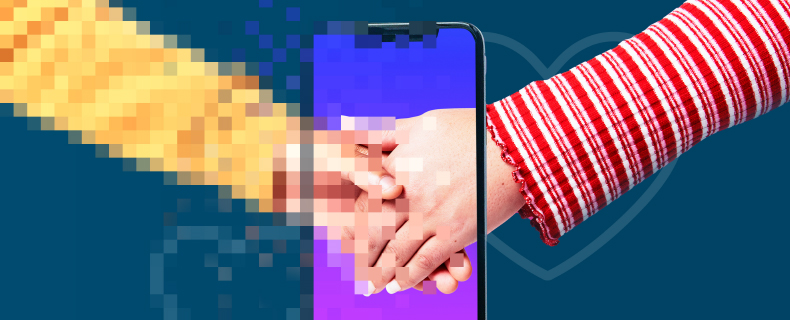 Two people holding hands, with one hand blurred ,symbolising online romance and the risk of deception