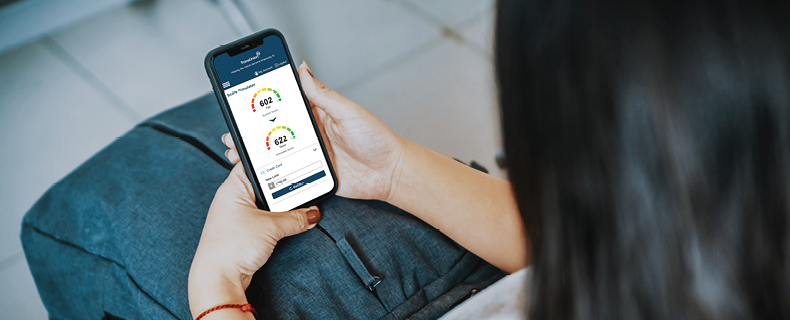 TransUnion CreditView Score Simulator banner. Score Simulator add-on moduile of CreditView shown on ladies app